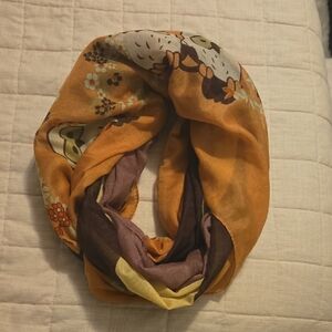 Floral & Owl Patterned Scarf - Orange and Brown